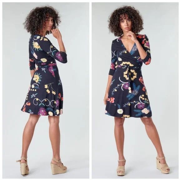 NWT Desigual Tropic India Floral Faux Wrap Dress Navy Blue Long Sleeve - Picture 1 of 9